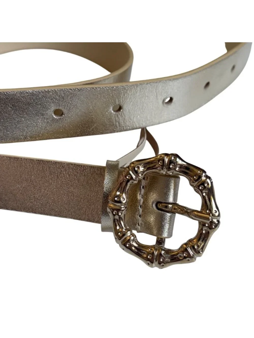 Talbots Gold Metallic Leather Belt Bamboo Style Buckle XL Made in Italy Preppy